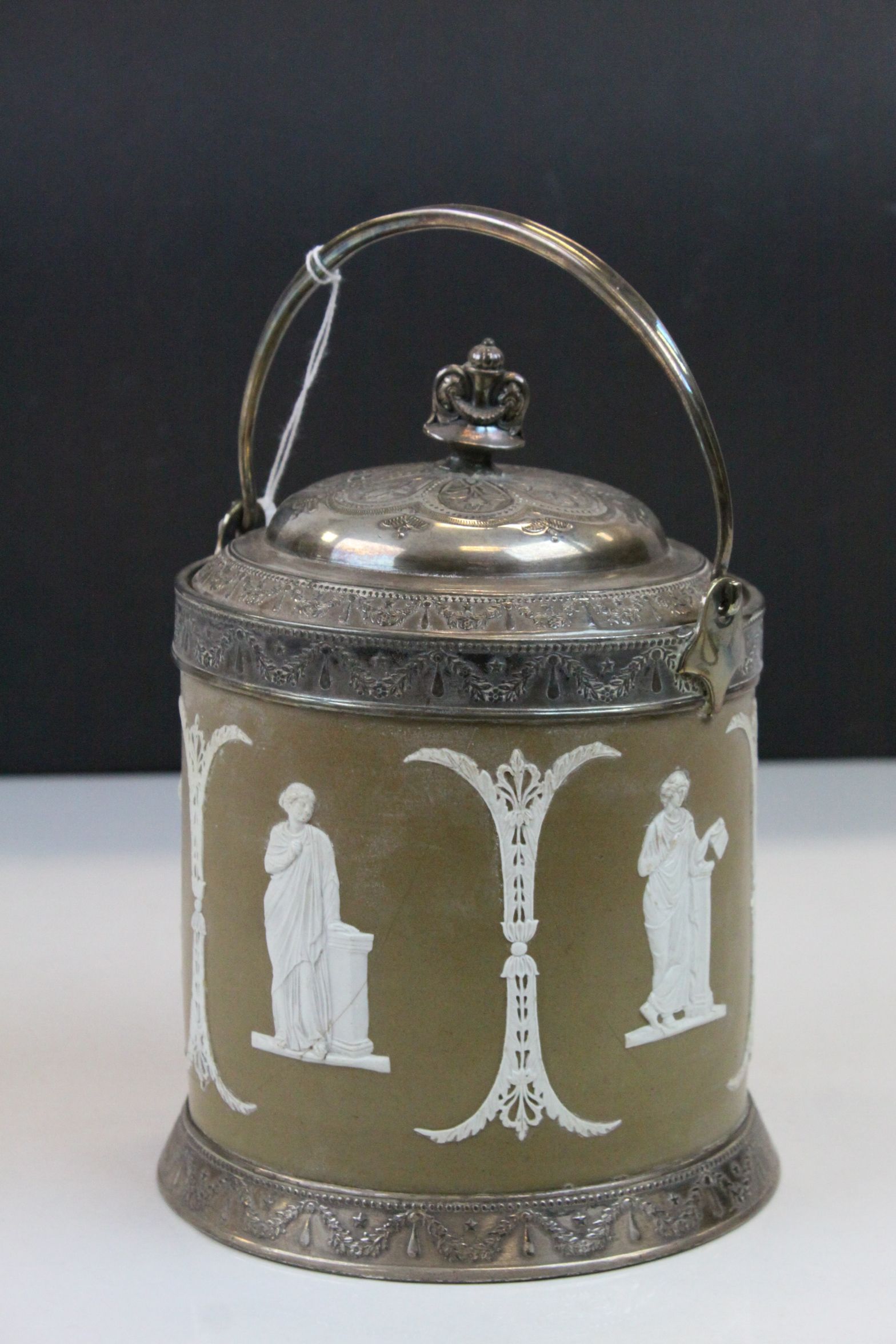 19th Century Jasper ware Biscuit Barrel with Silver plated mounts, lid and swing handle, stands