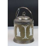 19th Century Jasper ware Biscuit Barrel with Silver plated mounts, lid and swing handle, stands