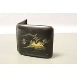 Japanese Komai style cigarette case, depicting Mount Fuji with houses below, black case with scene