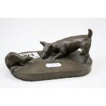 Juliet Simpson bronzed resin sculpture depicting a terrier dog with rat