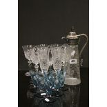 Quantity of wine glasses. an etched glass and plated claret jug etc