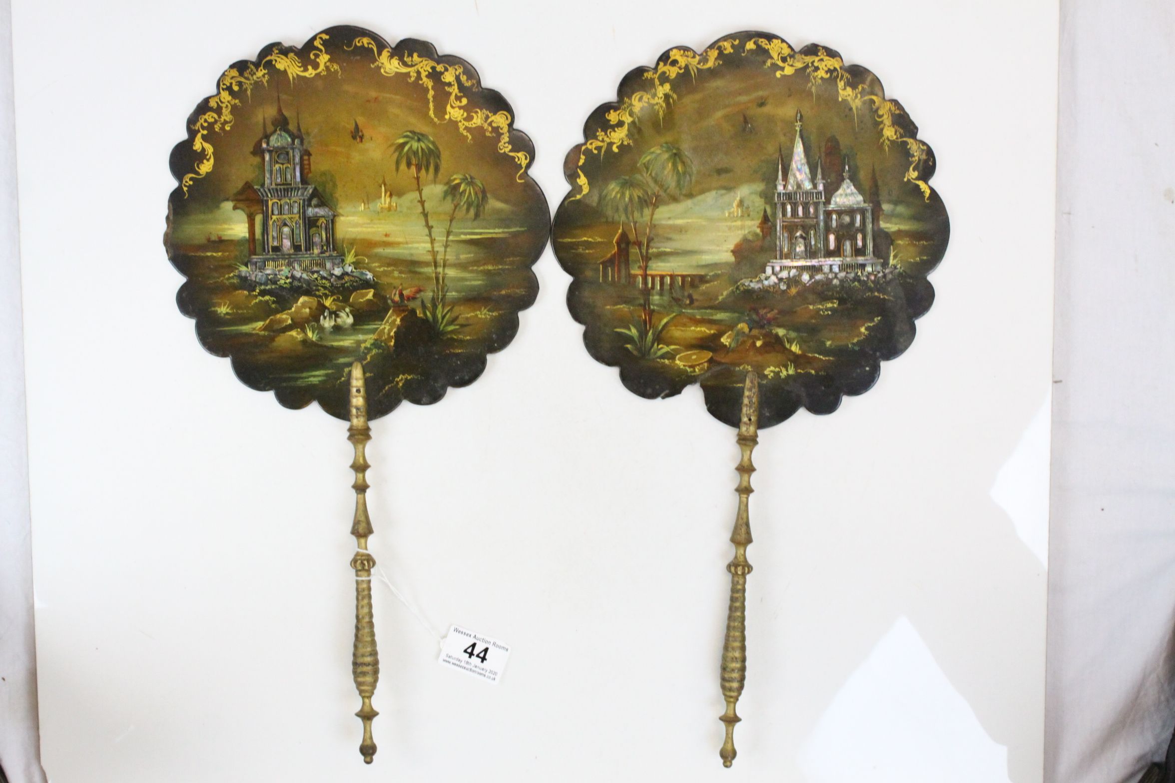 Pair of Oriental style Papier mache face cover Fans with Mother of Pearl inlay & Gilt wooden