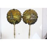 Pair of Oriental style Papier mache face cover Fans with Mother of Pearl inlay & Gilt wooden