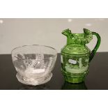 Mary Gregory style Victorian glass jug together with a hand blown bowl and dish