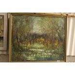 Late 20th Century, after Monet, impasto oil on canvas, garden scene with bridge, indistinctly