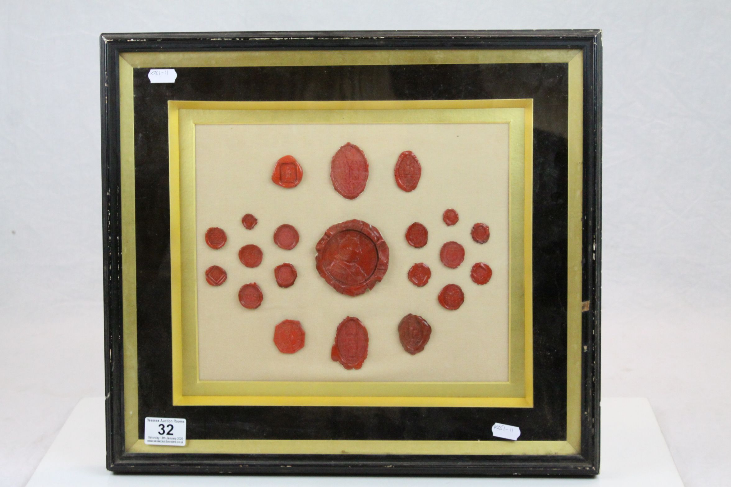 Framed and glazed set of 19th century wax seals