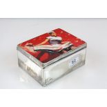 Silver Plated Cedar Lined Cigarette Box, the lid decorated with a scene of a 1940's / 50's Glamour