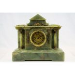 19th Century Green Onyx Mantle Clock with "Ansonia Clock Co USA" movement and visible escapement,