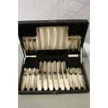 Cased set of Tea Knives & Forks, comprises of 12 forks & six Mother of Pearl handled knives