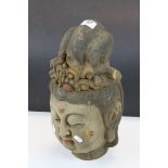 Vintage Asian carved Wooden Buddha head with painted finish, stands approx 41cm tall