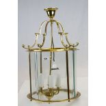 Antique Style Gilt Metal Hanging Hall Lantern with Bevelled Glass Panels, 70cms high