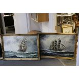 Pair of Gilt framed oil on canvas pictures of Rigged Sailing Ships on rough seas, both