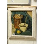 Mid 20th century oil painting still life, Kitchanalia, indistinctly signed