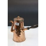 Copper hot water Kettle with turned wooden handle, Silvered interior and hinged lid, stands approx