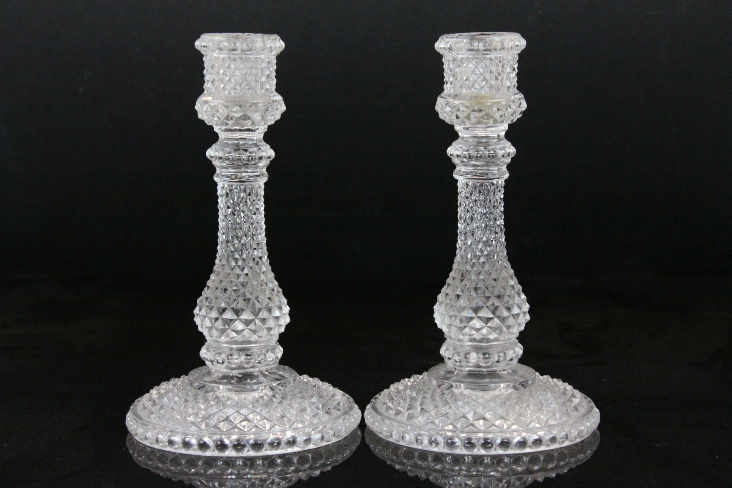 Pair of Baccarat Hobnail Glass Candlesticks, 18cms high