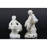 Pair of 19th century Derby cream ware figures girl with basket, boy with wheat & sickle