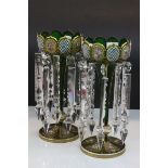 Pair of 19th Century Bohemian green cut Glass Lustres with hand painted Floral panels, Enamel & Gilt