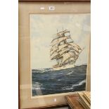 A framed 20th Century Montague Dawson print of a sailing ship in choppy seas, published by Frost and