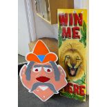 Two vintage Fairground signs to include a "Win Me" example approx 112cm long and a Head, both in