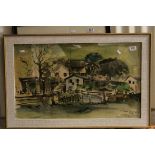 Mid 20th Century Wang Kay watercolour, Oriental village scene, approx 45cm x 75cm, signed and