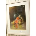 Still life watercolour depicting fruit by D.A. Fisher, American artist, with label