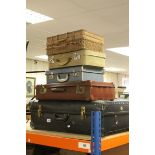 Two vintage suitcases, together with three picnic boxes missing contents