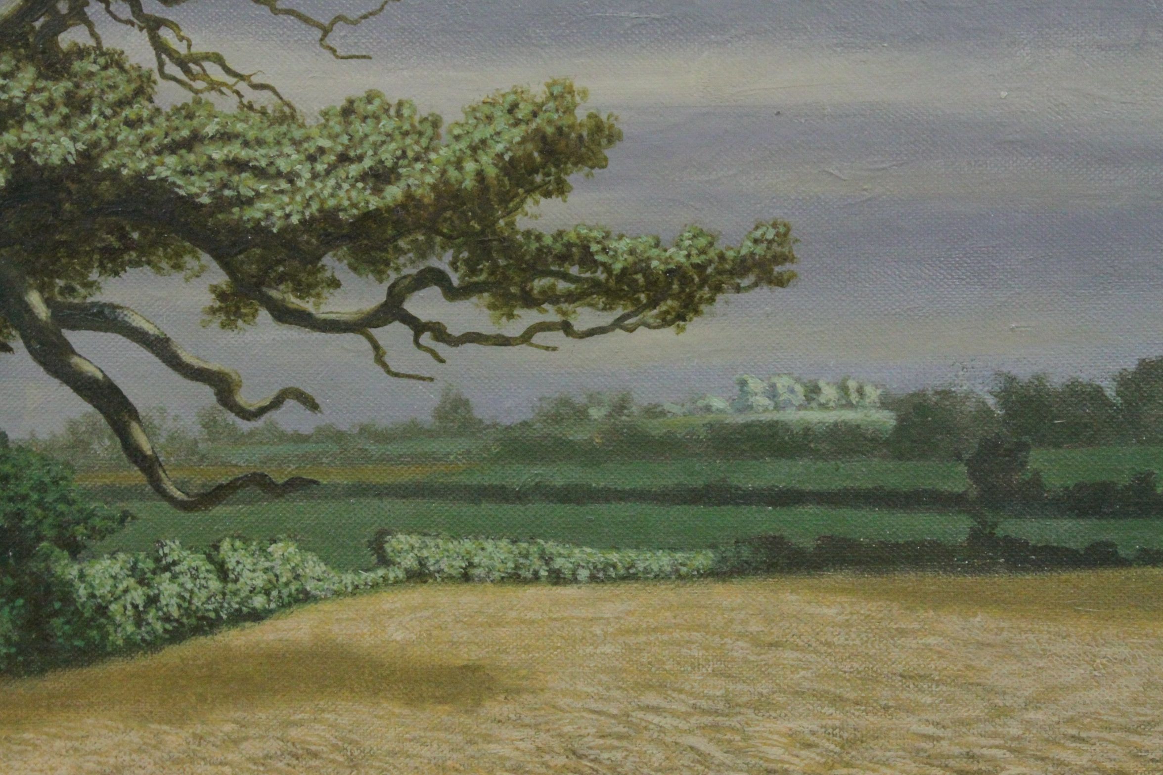 Gilt framed Oil on canvas of a Corn field with Oak tree, image approx 49.5 x 60cm - Image 2 of 3