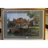 Abstract framed & glazed Oil on canvas of a Village scene, signed bottom right, image approx 56.5