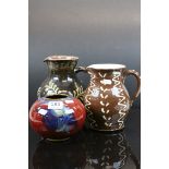 Two slipware glazed Stoneware jugs & a squat Studio Pottery vase with signature to base