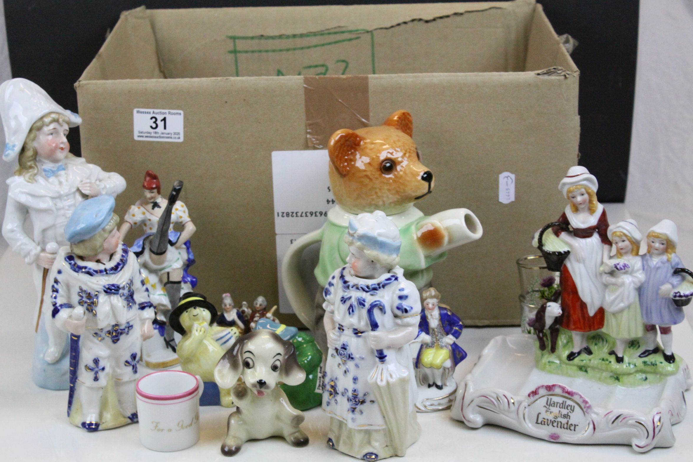 Box of mixed vintage ceramics to include; nodding type Figurines, Hummels, Novelty teapot etc