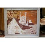 Oil on board, 'Church in a Tundra' extensive landscape, framed