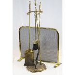 20th Century brass fireside companion set together with spark guard