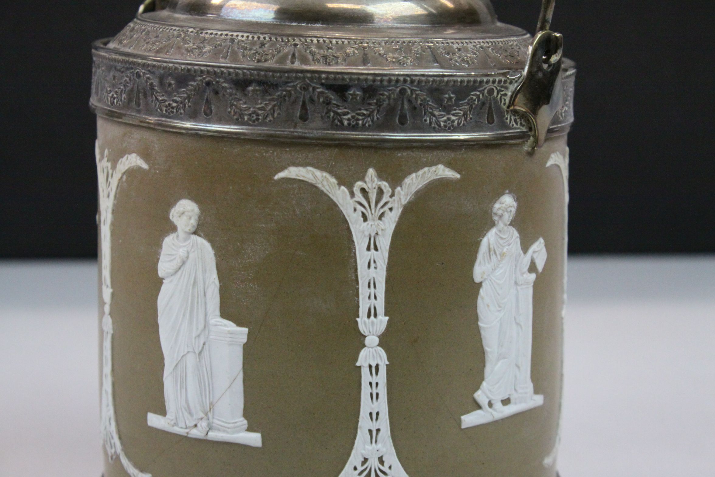 19th Century Jasper ware Biscuit Barrel with Silver plated mounts, lid and swing handle, stands - Image 2 of 6