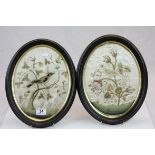 Pair of 19th Century Oriental Embroidered Silk pictures of Birds in oval frames, each approx 35 x