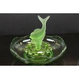 Joseph Inwald green glass fish, flower frog and bowl set, "Poisson Volant" made by Rudolfova in