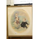 Large framed & glazed Watercolour of two Children with oval mount, image approx 58 x 48cm