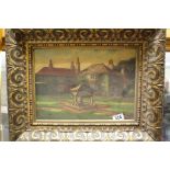 Gilt framed Oil on canvas of a Country House with Well in foreground, label to verso for "East