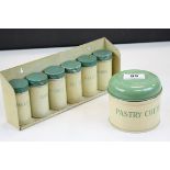 Vintage ' Tala ' Green and Cream Enamelled Metal Pastry Cutters Tin with Two Cutters together with a