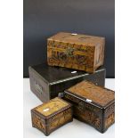 Four vintage Wooden Boxes, three of them Carved Oriental plus a Brass trimmed Writing slope, lacking