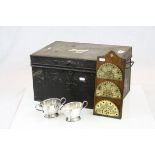 Early 20th Century black metal cash box containing letter rack & Viking jug and bowl
