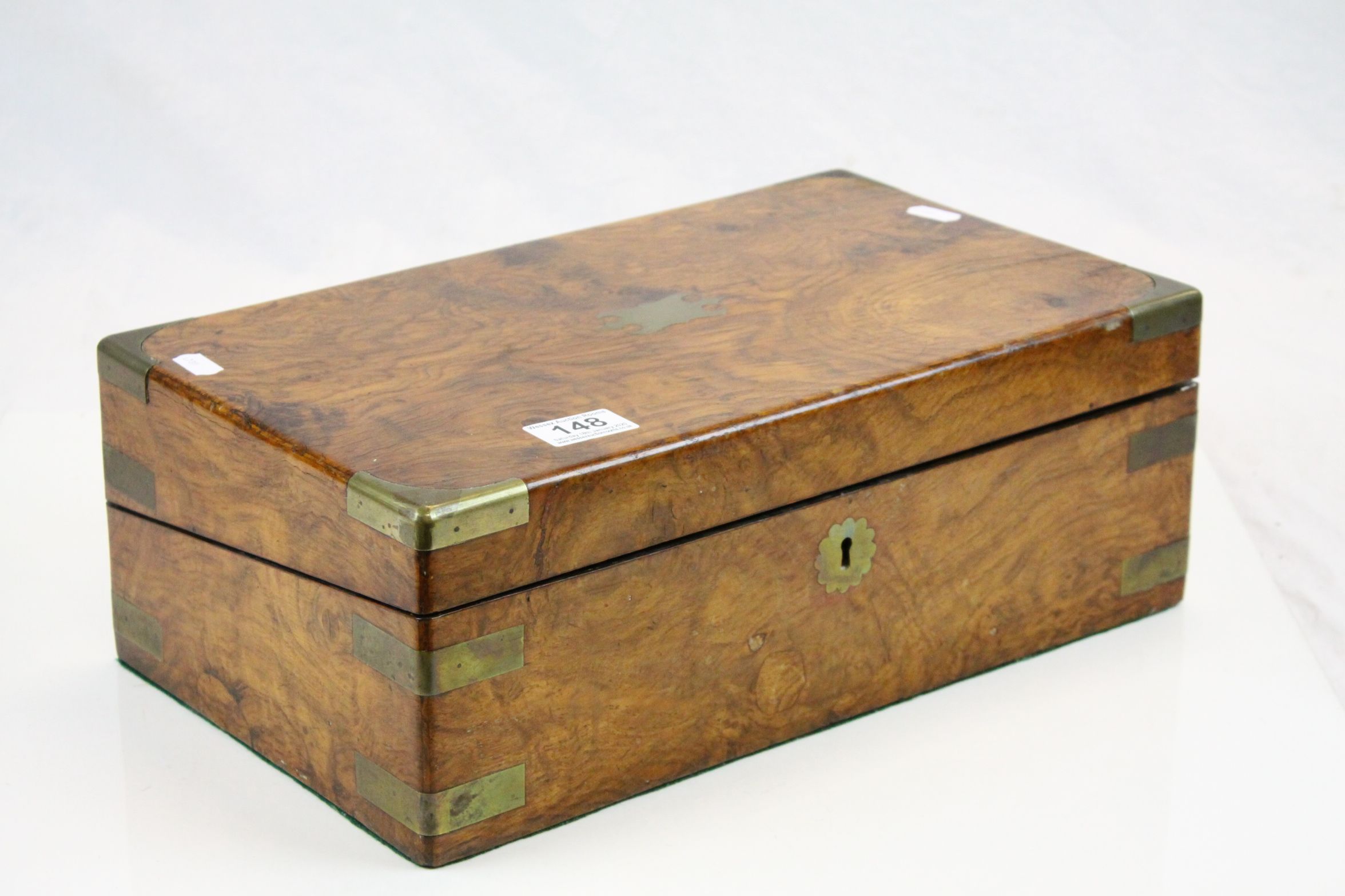 Fitted wooden Writing slope with inkwell & Brass detailing, measures approx 40.5 x 23.5 x 14.5cm