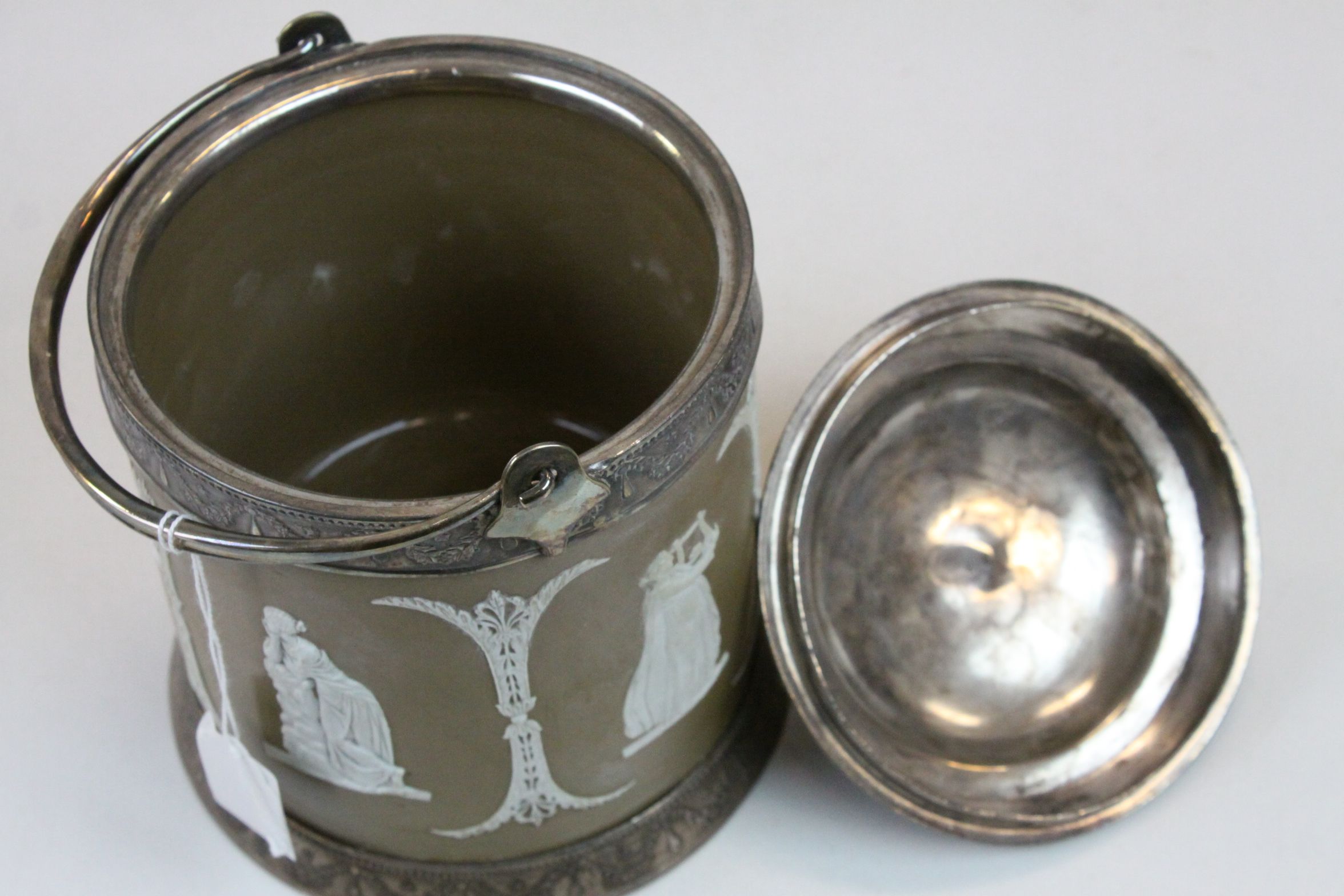 19th Century Jasper ware Biscuit Barrel with Silver plated mounts, lid and swing handle, stands - Image 6 of 6