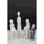 Three blanc de chine type Spode figurines by Pauline Shone plus a Royal Copenhagen figure of a Boy