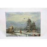 Miniature Oil Painting on Canvas of Man shooting Game in a Winter Mountainous Landscape signed L