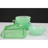 Bagley Uranium glass fish scale pattern 3067 glass fruit set, comprising five bowls and six small