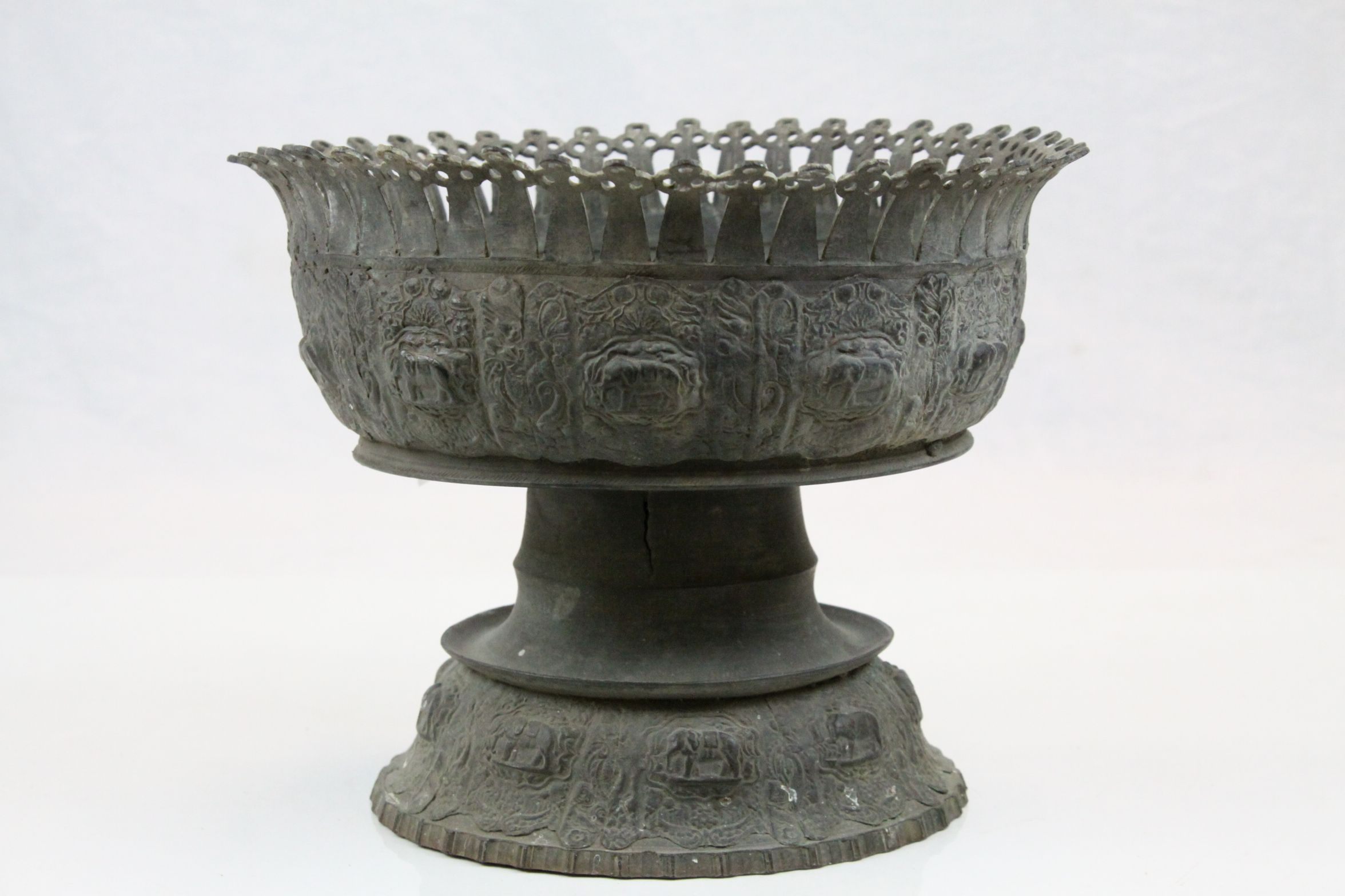 Antique Asian Bronze pedestal Bowl with applied Elephant decoration & made in two pieces, bowl