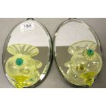 Pair of 19th Century wall mounted yellow & green Glass Candlesticks or posey holders with bevelled