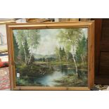 Large framed & glazed Landscape Watercolour with Forest & mountains in the background, signed bottom