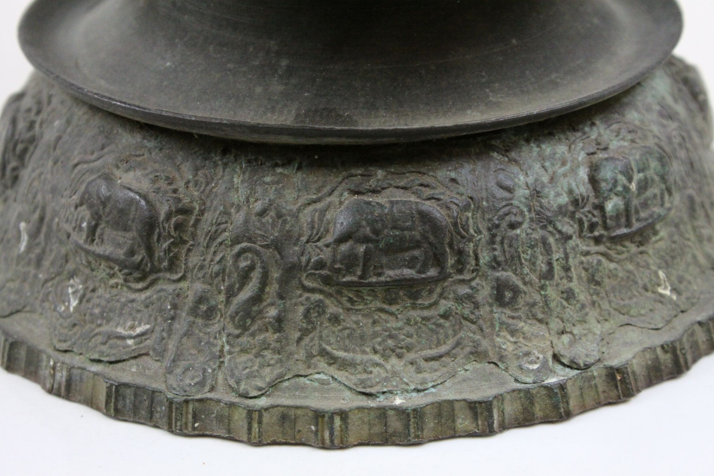Antique Asian Bronze pedestal Bowl with applied Elephant decoration & made in two pieces, bowl - Image 4 of 5