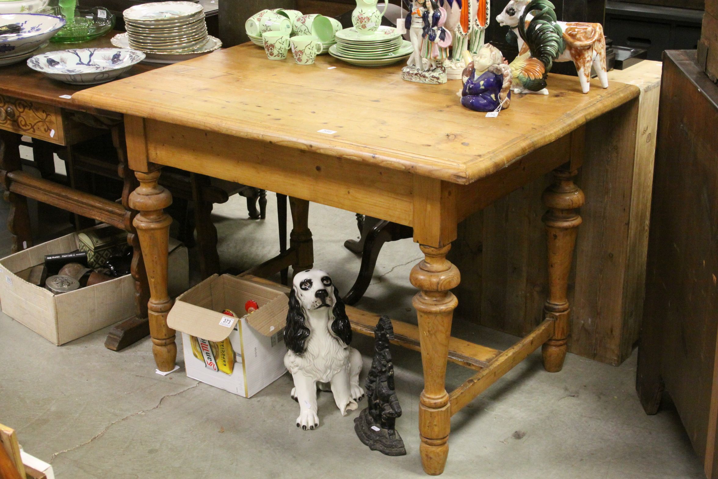 Pine Dining Table with Turned Legs and Square Cross-Stretcher, 118cms x 83cms x 83cms high